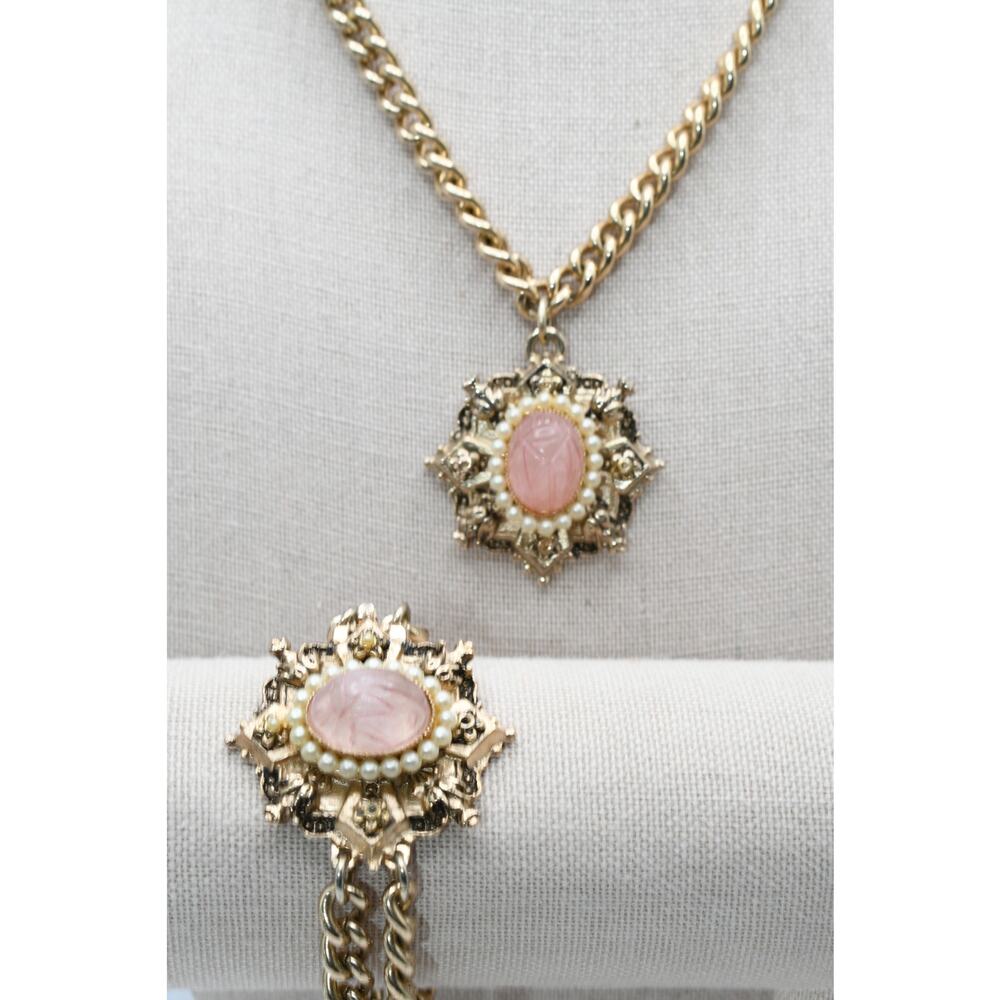 Vintage Scarab Necklace Bracelet Set Faux Pearl Egyptian Revival Gold